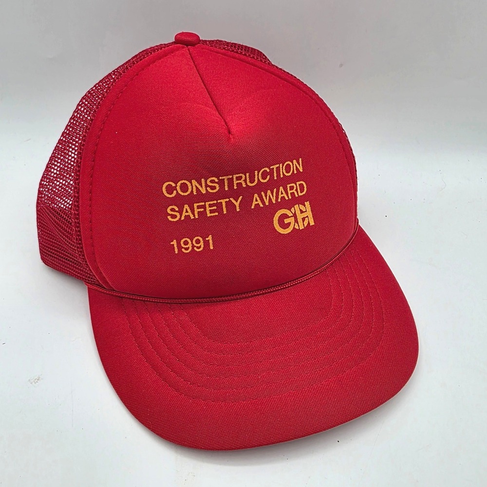 Vintage 1991 Construction Safety Award Trucker Hat Red Capital Snapback GH Cap